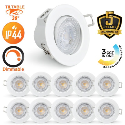 paul russells LED Downlight White Dimmable Tilt Recessed Ceiling SpotLight 6W 570 Lumens, IP44, Colour Changeable CCT3 Pack of 10