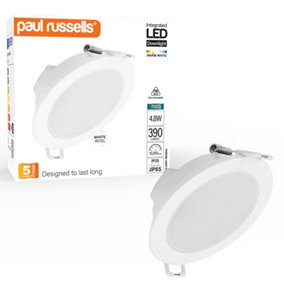 paul russells LED Downlight White Non-Dimmable Fixed Ceiling SpotLight 4.8W 390 Lumens, IP65, Warm White 3000K Pack of 1