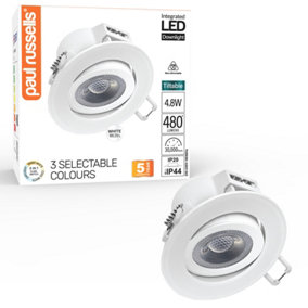 paul russells LED Downlight White Tilt Recessed Ceiling SpotLight  4.8W 480 Lumens, IP44, Colour Changeable CCT3