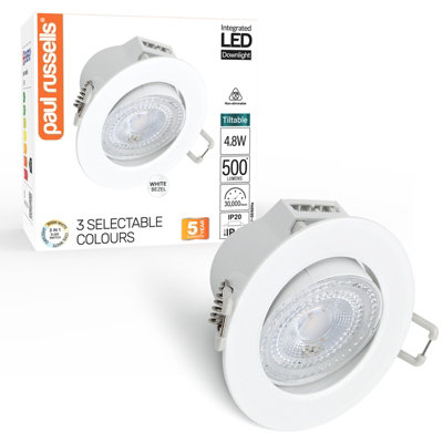 paul russells LED Downlight White Tilt Recessed Ceiling Spotlight 4.8W 500 Lumens, IP44, Colour Changeable CCT3