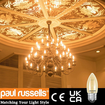 paul russells LED Filament Candle Bulb, 2.5W 200 Lumens, 20w Equivalent, 2200K Extra Warm White Amber, Pack of 10
