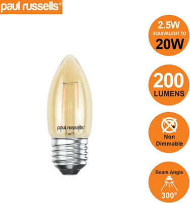 paul russells LED Filament Candle Bulb, 2.5W 200 Lumens, 20w Equivalent ...