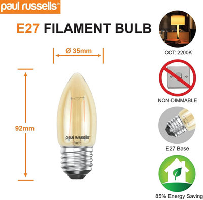 paul russells LED Filament Candle Bulb, 2.5W 200 Lumens, 20w Equivalent ...