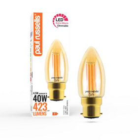 paul russells LED Filament Dimmable Candle Bulb, 4.5W 423 Lumens, 40w Equivalent, 2200K Extra Warm White Amber