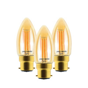 paul russells LED Filament Dimmable Candle Bulb, BC B22, 4.5W 423 Lumens, 40w Equivalent, 2200K Extra Warm White Amber, Pack of 3