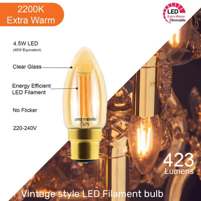 paul russells LED Filament Dimmable Candle Bulb, BC B22, 4.5W 423 Lumens, 40w Equivalent, 2200K Extra Warm White Amber