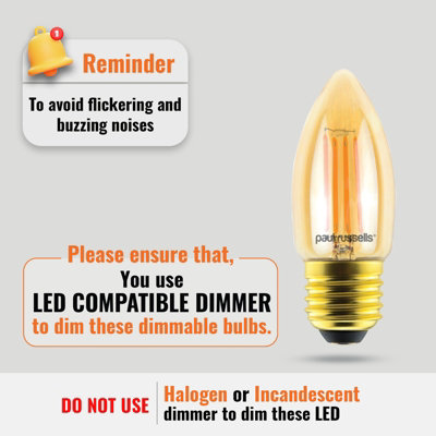 paul russells LED Filament Dimmable Candle Bulb,ES E27, 4.5W 423 Lumens, 40w Equivalent, 2200K Extra Warm White Amber, Pack of 3