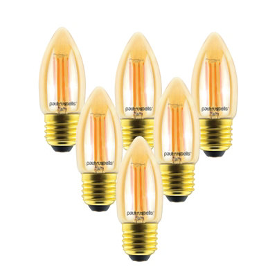 paul russells LED Filament Dimmable Candle Bulb,ES E27, 4.5W 423 Lumens, 40w Equivalent, 2200K Extra Warm White Amber, Pack of 6