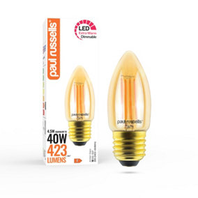 paul russells LED Filament Dimmable Candle Bulb,ES E27, 4.5W 423 Lumens, 40w Equivalent, 2200K Extra Warm White Amber