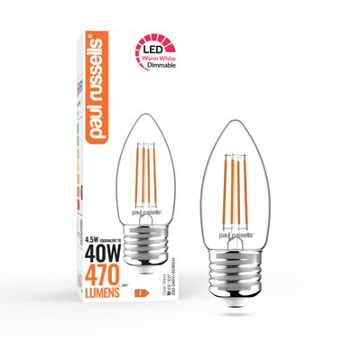 paul russells LED Filament Dimmable Candle Bulb, ES E27, 4.5W 470 Lumens, 40w Equivalent, 2700K Warm White