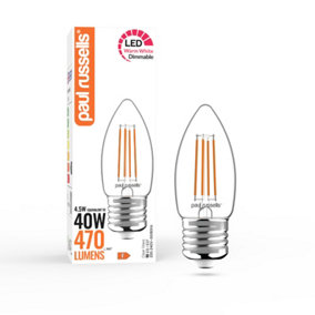 paul russells LED Filament Dimmable Candle Bulb, ES E27, 4.5W 470 Lumens, 40w Equivalent, 2700K Warm White