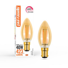 paul russells LED Filament Dimmable Candle Bulb,SBC B15, 4.5W 423 Lumens, 40w Equivalent, 2200K Extra Warm White Amber