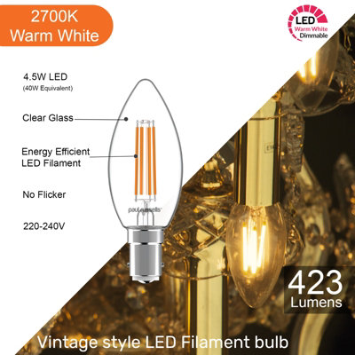 paul russells LED Filament Dimmable Candle Bulb, SBC B15, 4.5W 470 Lumens, 40w Equivalent, 2700K Warm White, Pack of 6