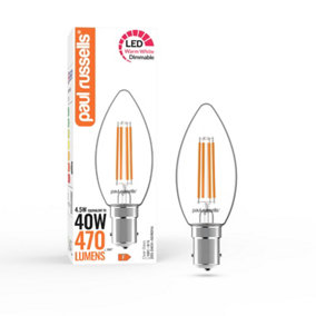 paul russells LED Filament Dimmable Candle Bulb, SBC B15, 4.5W 470 Lumens, 40w Equivalent, 2700K Warm White