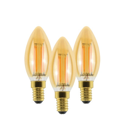 paul russells LED Filament Dimmable Candle Bulb,SES E14, 4.5W 423 Lumens, 40w Equivalent, 2200K Extra Warm White Amber, Pack of 3