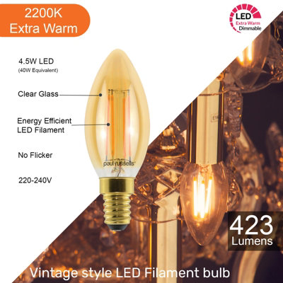 paul russells LED Filament Dimmable Candle Bulb,SES E14, 4.5W 423 Lumens, 40w Equivalent, 2200K Extra Warm White Amber, Pack of 6