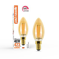 paul russells LED Filament Dimmable Candle Bulb,SES E14, 4.5W 423 Lumens, 40w Equivalent, 2200K Extra Warm White Amber