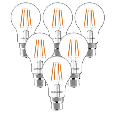 paul russells LED Filament Dimmable GLS Bulb, BC B22, 12W 1521 Lumens, 100w Equivalent, 2700K Warm White, Pack of 6