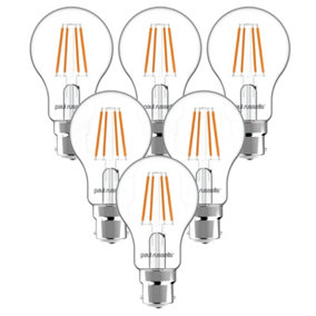 paul russells LED Filament Dimmable GLS Bulb, BC B22, 7W 806 Lumens, 60w Equivalent, 2700K Warm White, Pack of 6