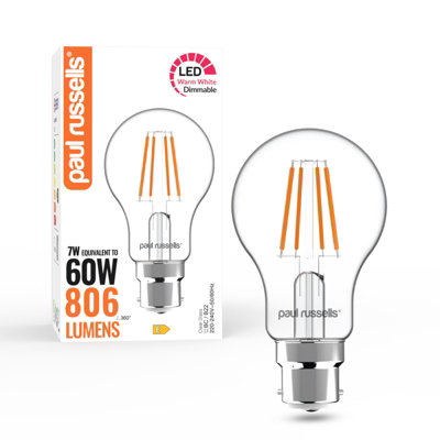 paul russells LED Filament Dimmable GLS Bulb, BC B22, 7W 806 Lumens, 60w Equivalent, 2700K Warm White