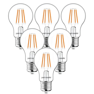 paul russells LED Filament Dimmable GLS Bulb, ES E27, 7W 806 Lumens, 60w Equivalent, 2700K Warm White, Pack of 6