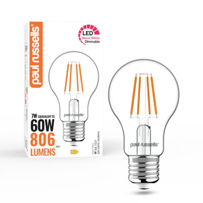 paul russells LED Filament Dimmable GLS Bulb, ES E27, 7W 806 Lumens, 60w Equivalent, 2700K Warm White