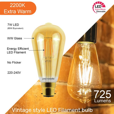 paul russells LED Filament Dimmable ST64 Bulb, BC B22, 7W 725 Lumens, 60w Equivalent, 2200K Extra Warm White Amber, Pack of 3