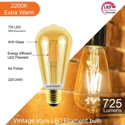 paul russells LED Filament Dimmable ST64 Bulb, ES E27, 7W 725 Lumens, 60w Equivalent, 2200K Extra Warm White Amber, Pack of 10