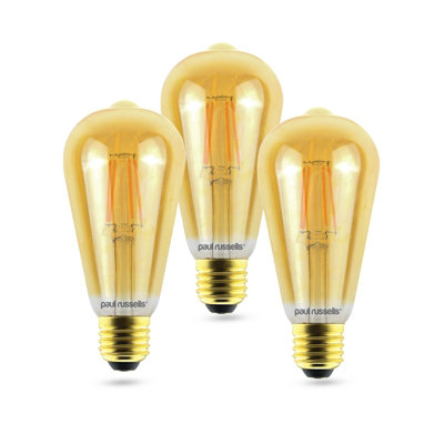 paul russells LED Filament Dimmable ST64 Bulb, ES E27, 7W 725 Lumens, 60w Equivalent, 2200K Extra Warm White Amber, Pack of 3