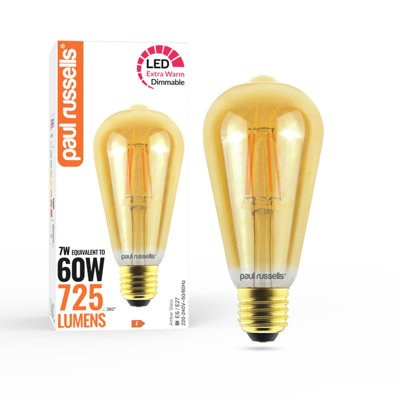 paul russells LED Filament Dimmable ST64 Bulb, ES E27, 7W 725 Lumens, 60w Equivalent, 2200K Extra Warm White Amber