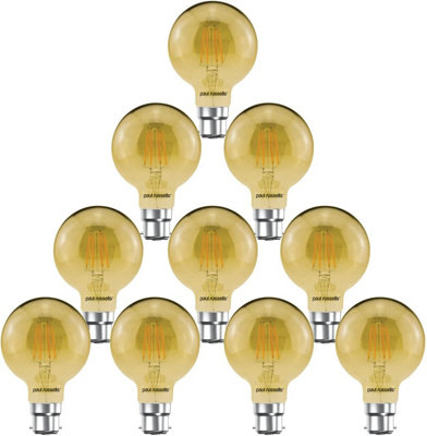 paul russells LED Filament G80 Bulb, 4W 380 Lumens, 35w Equivalent, 2200K Amber, Pack of 10