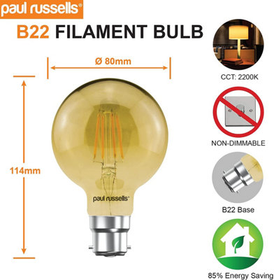 paul russells LED Filament G80 Bulb, 4W 380 Lumens, 35w Equivalent ...