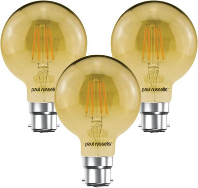 paul russells LED Filament G80 Bulb, 4W 380 Lumens, 35w Equivalent, 2200K Amber, Pack of 3