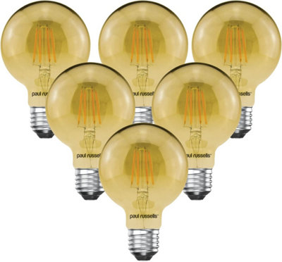 paul russells LED Filament G80 Bulb, 4W 380 Lumens, 35w Equivalent, 2200K Amber, Pack of 6