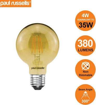 paul russells LED Filament G80 Bulb, 4W 380 Lumens, 35w Equivalent ...