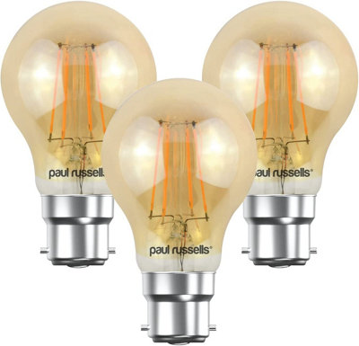 paul russells LED Filament GLS Bulb, 4W 380 Lumens, 35w Equivalent, 2200K Extra Warm White Amber, Pack of 3