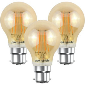 paul russells LED Filament GLS Bulb, 4W 380 Lumens, 35w Equivalent, 2200K Extra Warm White Amber, Pack of 3