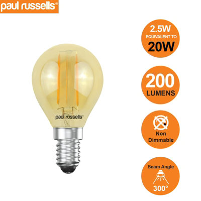 paul russells LED Filament Golf Bulb, 2.5W 200 Lumens, 20w Equivalent, 2200K Extra Warm White Amber, Pack of 10