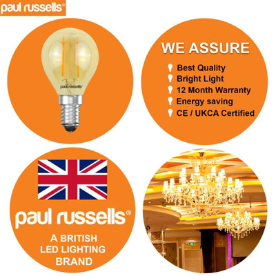 paul russells LED Filament Golf Bulb, 2.5W 200 Lumens, 20w Equivalent, 2200K Extra Warm White Amber, Pack of 10