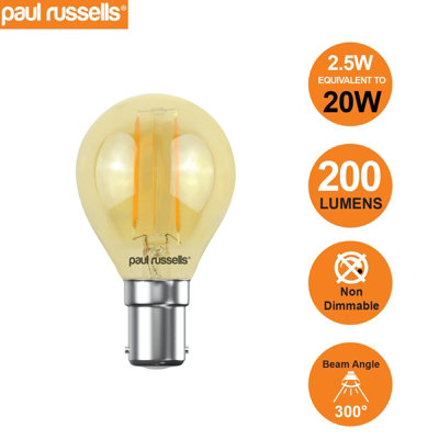 paul russells LED Filament Golf Bulb, 2.5W 200 Lumens, 20w Equivalent, 2200K Extra Warm White Amber, Pack of 6