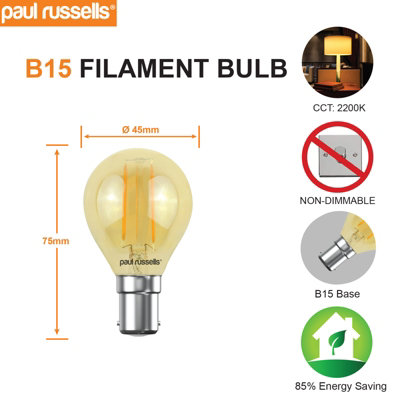 paul russells LED Filament Golf Bulb, 2.5W 200 Lumens, 20w Equivalent, 2200K Extra Warm White Amber, Pack of 6