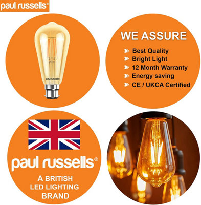 paul russells LED Filament ST64 Bulbs, 4.5W 400 Lumens, 35w Equivalent, 2200K Amber, Pack of 10