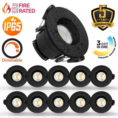 paul russells LED Fire Rated Downlights, Black Bezel, 6W 550 Lumens, IP65, CCT3 3000K Warm-4000K Cool-6500K Day Light, Pack of 10