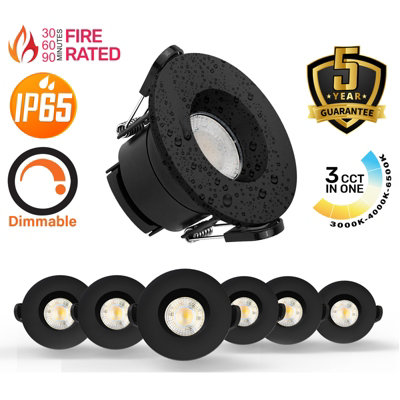 paul russells LED Fire Rated Downlights, Black Bezel, 6W 550 Lumens, IP65, CCT3 3000K Warm-4000K Cool-6500K Day Light, Pack of 6
