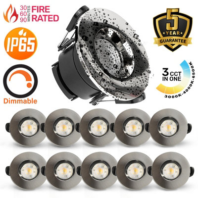 paul russells LED Fire Rated Downlights, Brush Nickel Bezel, 6W 550 Lumens, IP65, CCT3 3000K 4000K 6500K, Pack of 10