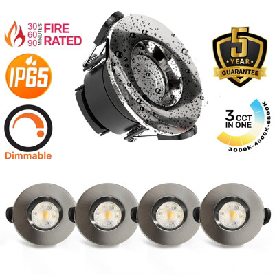 paul russells LED Fire Rated Downlights, Brush Nickel Bezel, 6W 550 Lumens, IP65, CCT3 3000K 4000K 6500K, Pack of 4