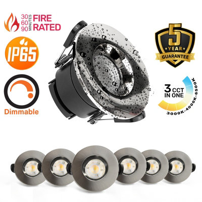 paul russells LED Fire Rated Downlights, Brush Nickel Bezel, 6W 550 Lumens, IP65, CCT3 3000K 4000K 6500K, Pack of 6