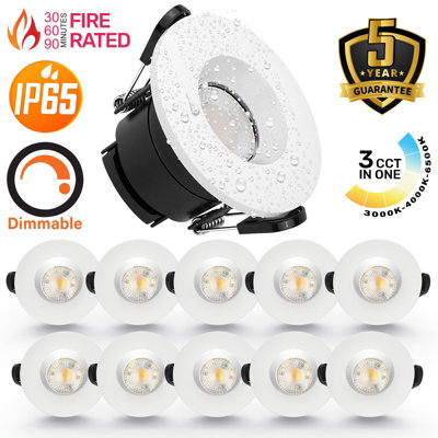 paul russells LED Fire Rated Downlights, White Bezel, 6W 550 Lumens, IP65, CCT3 3000K Warm-4000K Cool-6500K Day Light, Pack of 10