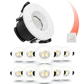 paul russells LED Fire Rated Downlights, White Bezel, 6W 550 Lumens, IP65, CCT3 3000K Warm-4000K Cool-6500K Day Light, Pack of 10