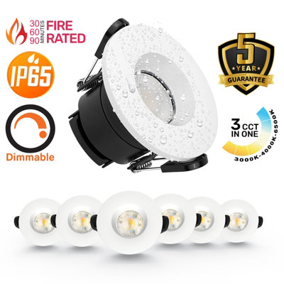 paul russells LED Fire Rated Downlights, White Bezel, 6W 550 Lumens, IP65, CCT3 3000K Warm-4000K Cool-6500K Day Light, Pack of 6